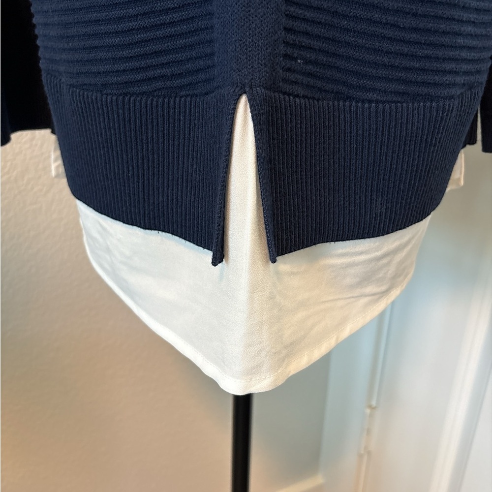 Hilary Radley Two Fer Navy/White Ribbed Pull Over Sweater, Size Medium - Picture 3 of 4
